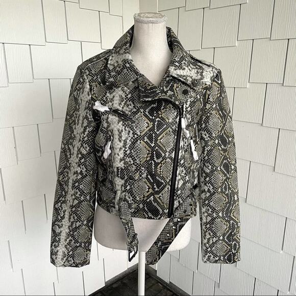 Aqua Women's Black/Gray/Cream Snakeskin Faux Leather Motorcycle Jacket Sz L - Picture 1 of 7